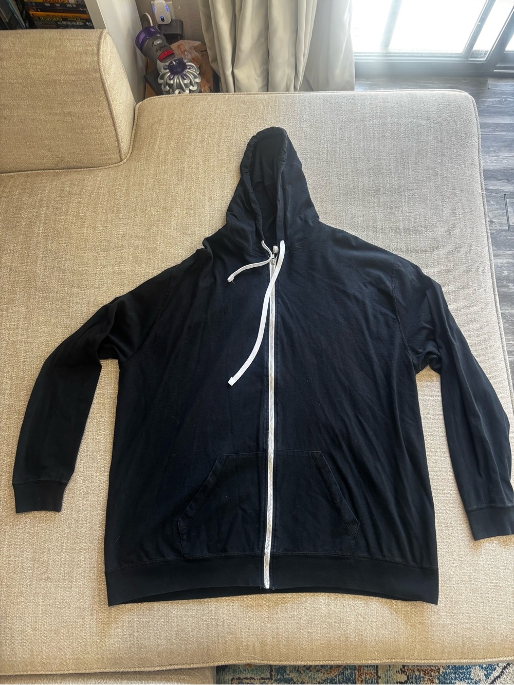 Men's Black Zip-Up Hoodie with Hood and Drawstring